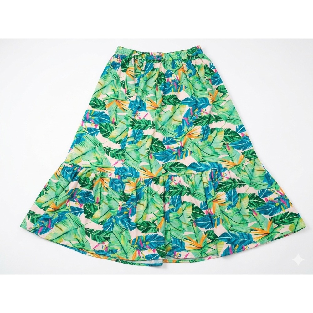 Rachel Zoe Tropical Palm Leaf Print Tiered Maxi Skirt Green Blue Womens Small